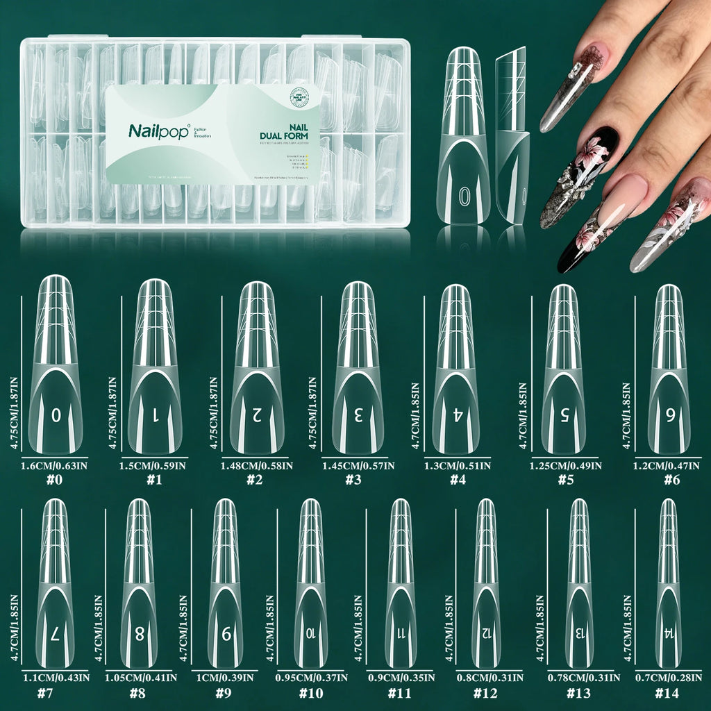 Nailpop 15sizes Ballet French Nail Dual Forms Extension Molds Reusable PP with 3D Smart French Guide Line for Manicure 150pcs