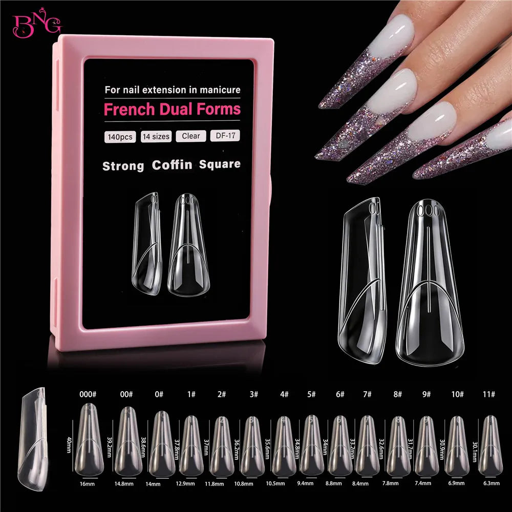 BNG 140Pcs Upper Forms for Nail Extensions Square Almond Soft Nail Molds for Express French Inner Arc Line French Dual Forms