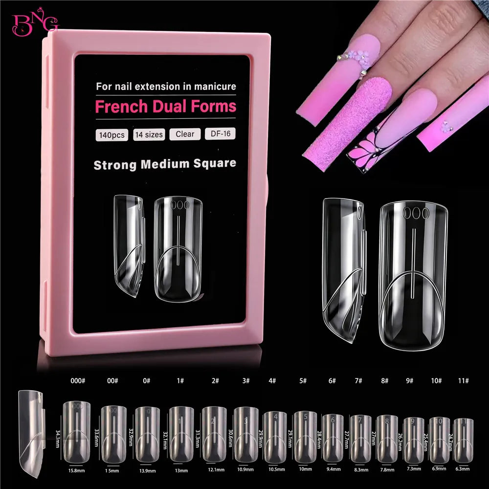 BNG 140Pcs Upper Forms for Nail Extensions Square Almond Soft Nail Molds for Express French Inner Arc Line French Dual Forms