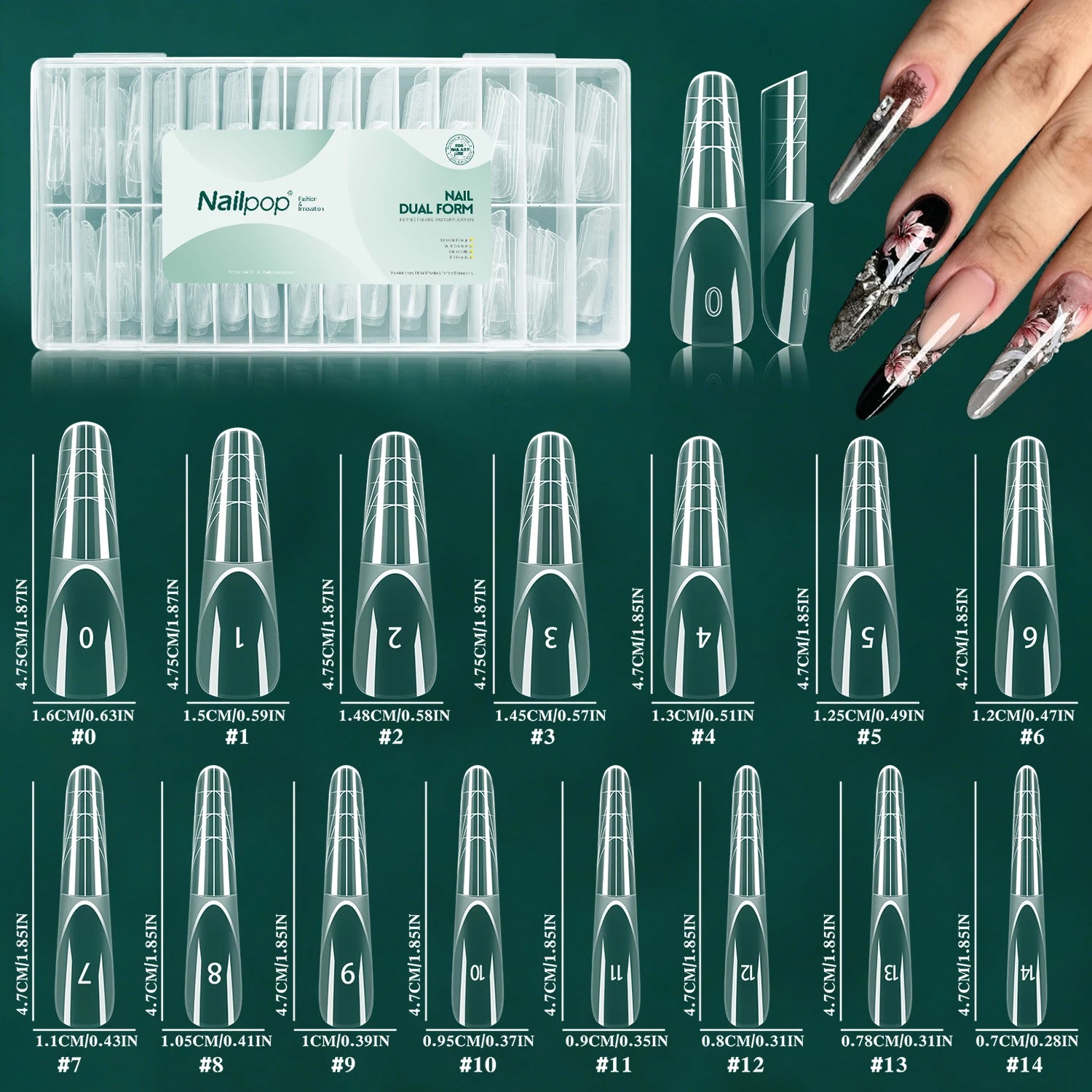 Nailpop 15sizes Ballet French Nail Dual Forms Extension Molds Reusable PP with 3D Smart French Guide Line for Manicure 150pcs